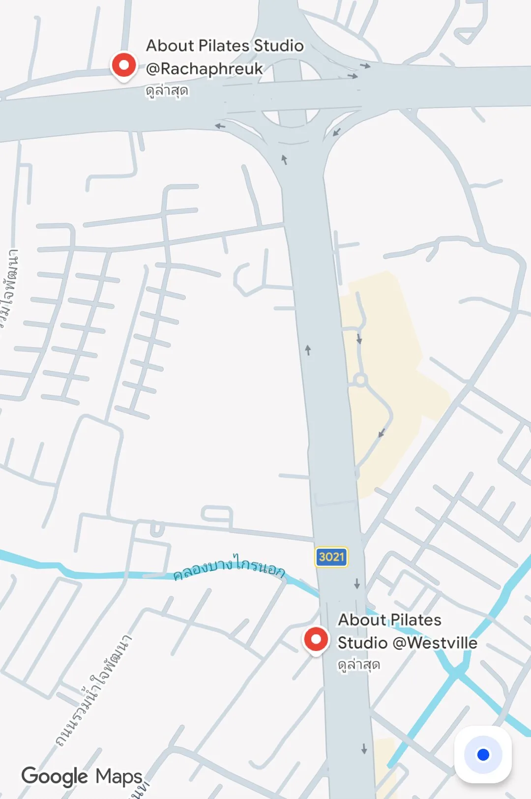 แผนที่ Google Maps แสดงที่ตั้ง About Pilates Studio สาขาราชพฤกษ์ และสาขา Westville ริมถนนราชพฤกษ์